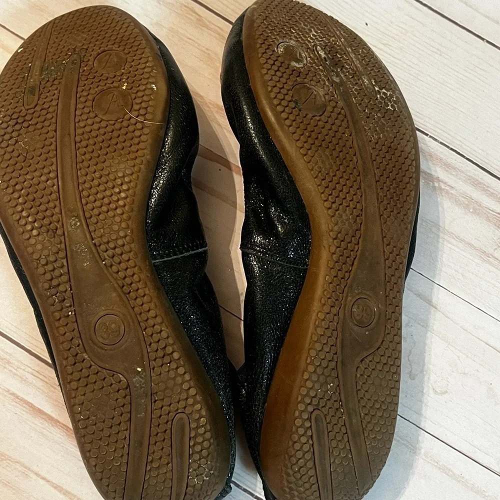 Chanel Black/Gold Leather Camellia Sz 39 EUR 9 US Beaded Scrunch Ballet Flat